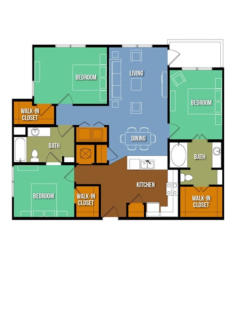 Floor plan for 3 beds, 2 baths, 1352 sqft